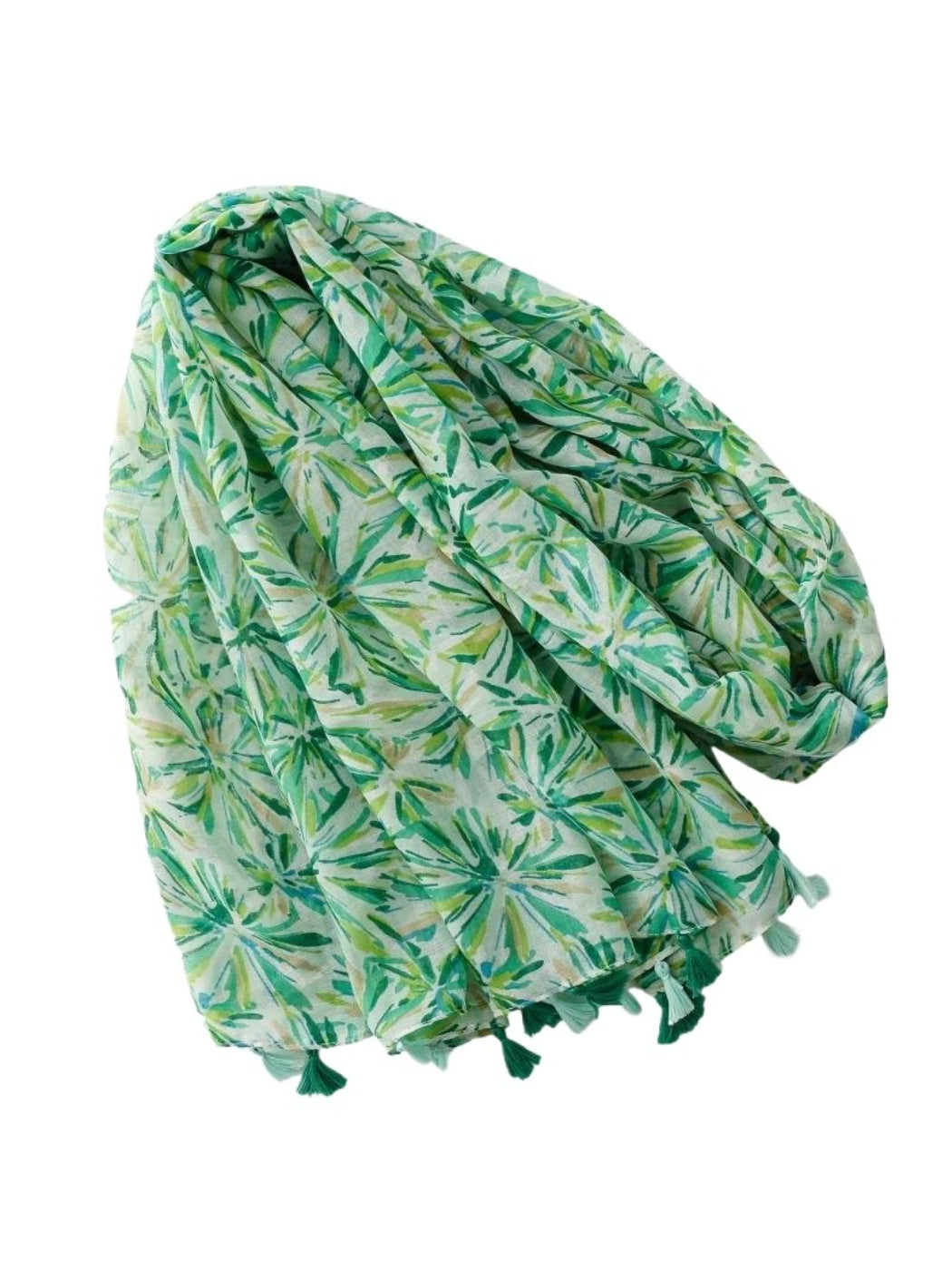 Folded green floral scarf highlighting fabric texture and tassels