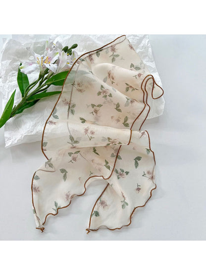 Scarvii - Romantic Floral Printed Ruffled Trim Scarf