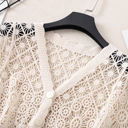 Crosa Crochet Hollow-Out Short-Sleeve Cardigan color options including WHITE, BEIGE
