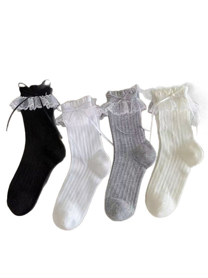 Rufia - Solid Color Lace Trim Casual Crew Socks