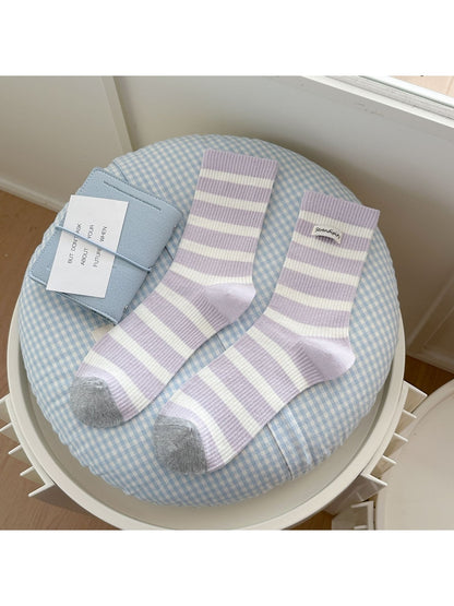 Rufia - Simple Style Striped Ribbed Crew Socks