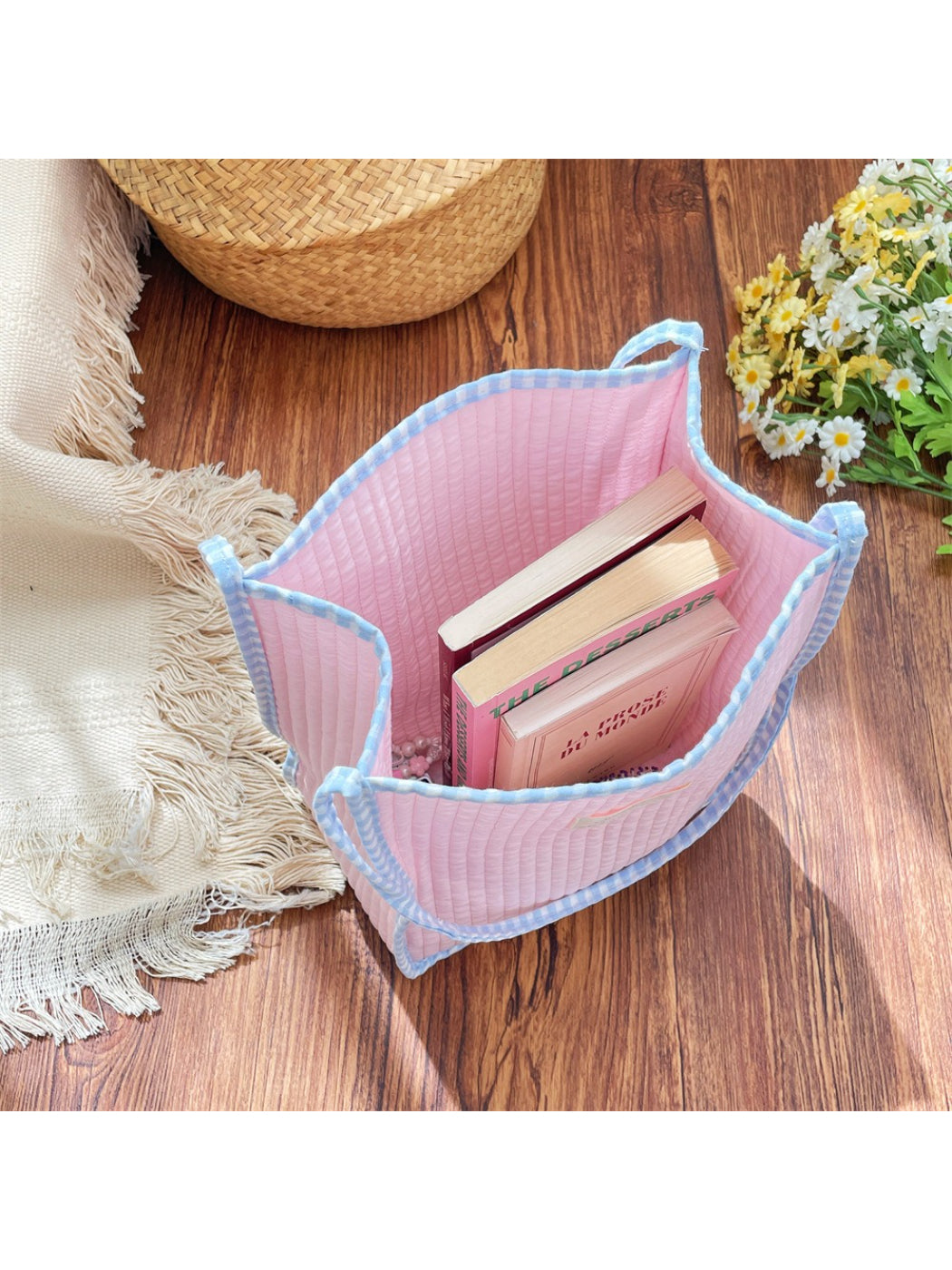 Cosbai Soft Gingham Trim Tote Bag with black gingham trim and beige body on white background