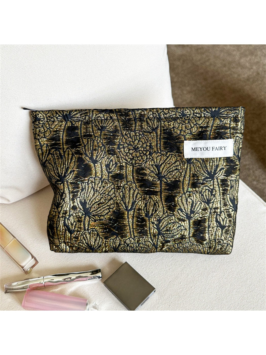 Cosbai - Antique Style Floral Zip Pouch Bag
