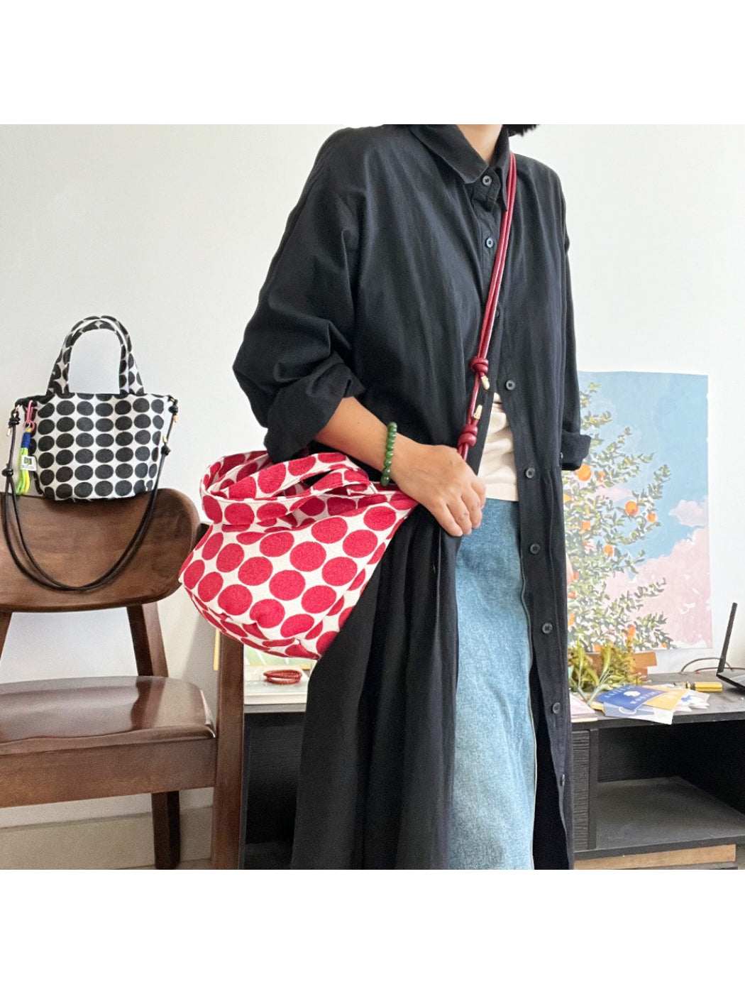 Cosbai Polka Dot Mini Tote Bag open top showing interior space