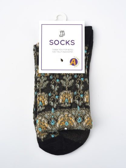 Rufia Embossed Vintage Floral Mid-Calf Socks color options including Black, Green, Beige