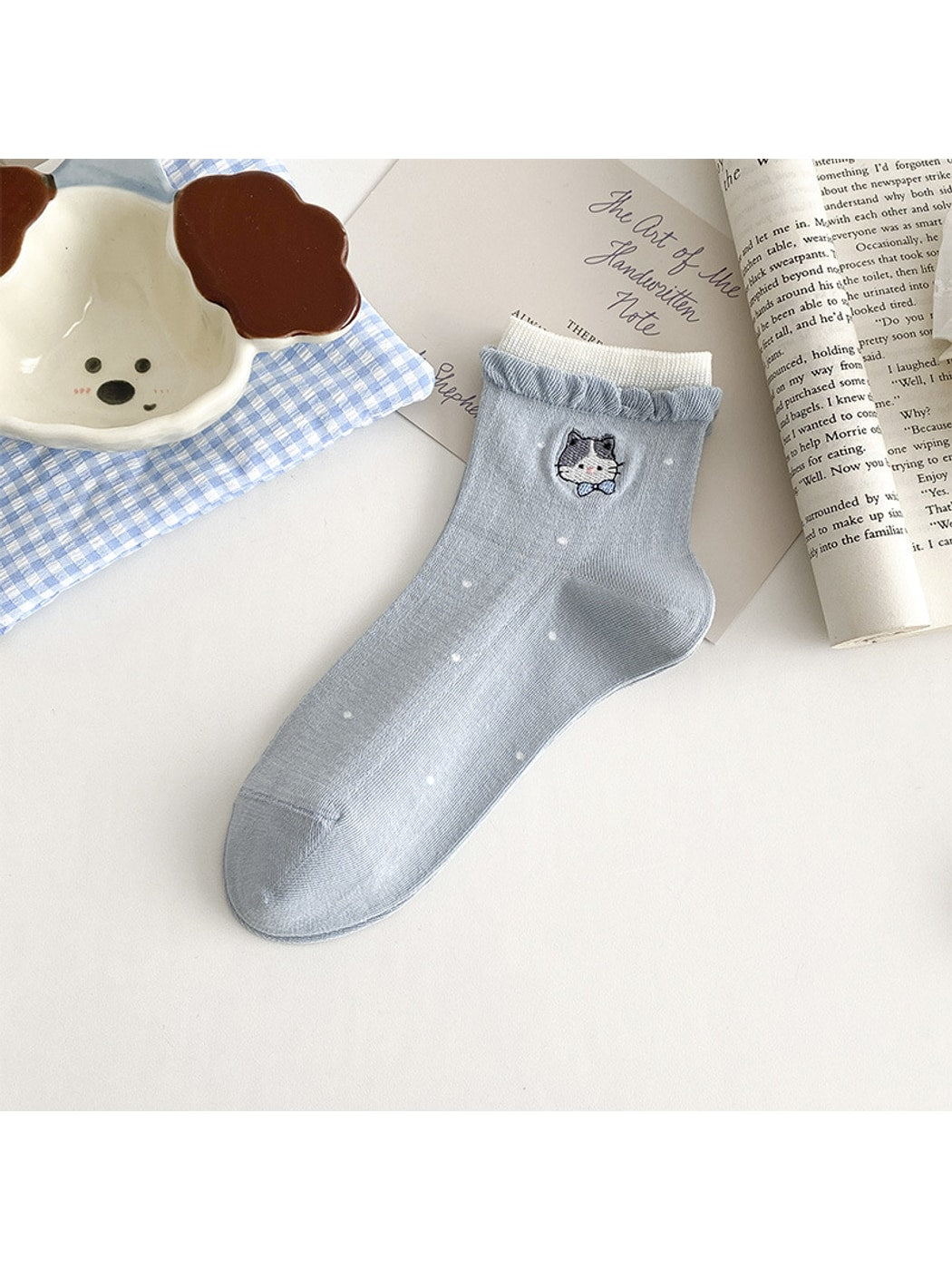 Rufia - Cute Cat Embroidery Polka Dot Ankle Socks