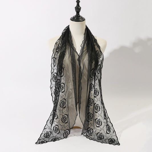 Scarvii Floral Sketch Tulle Shawl Scarf folded on a white surface