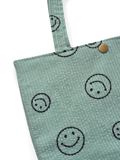 Cosbai - Black Smiley Face Corduroy Tote Bag