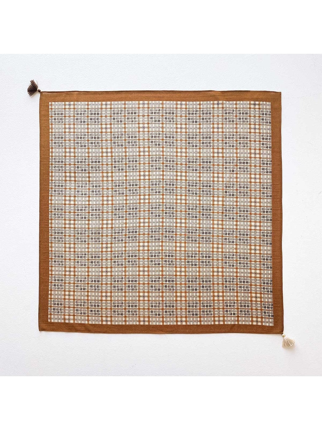 Scarvii - Vintage Check Print Border Tassel Square Scarf