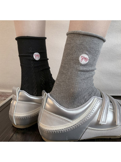 Rufia - Bow Embroidery Textured Pattern Crew Socks