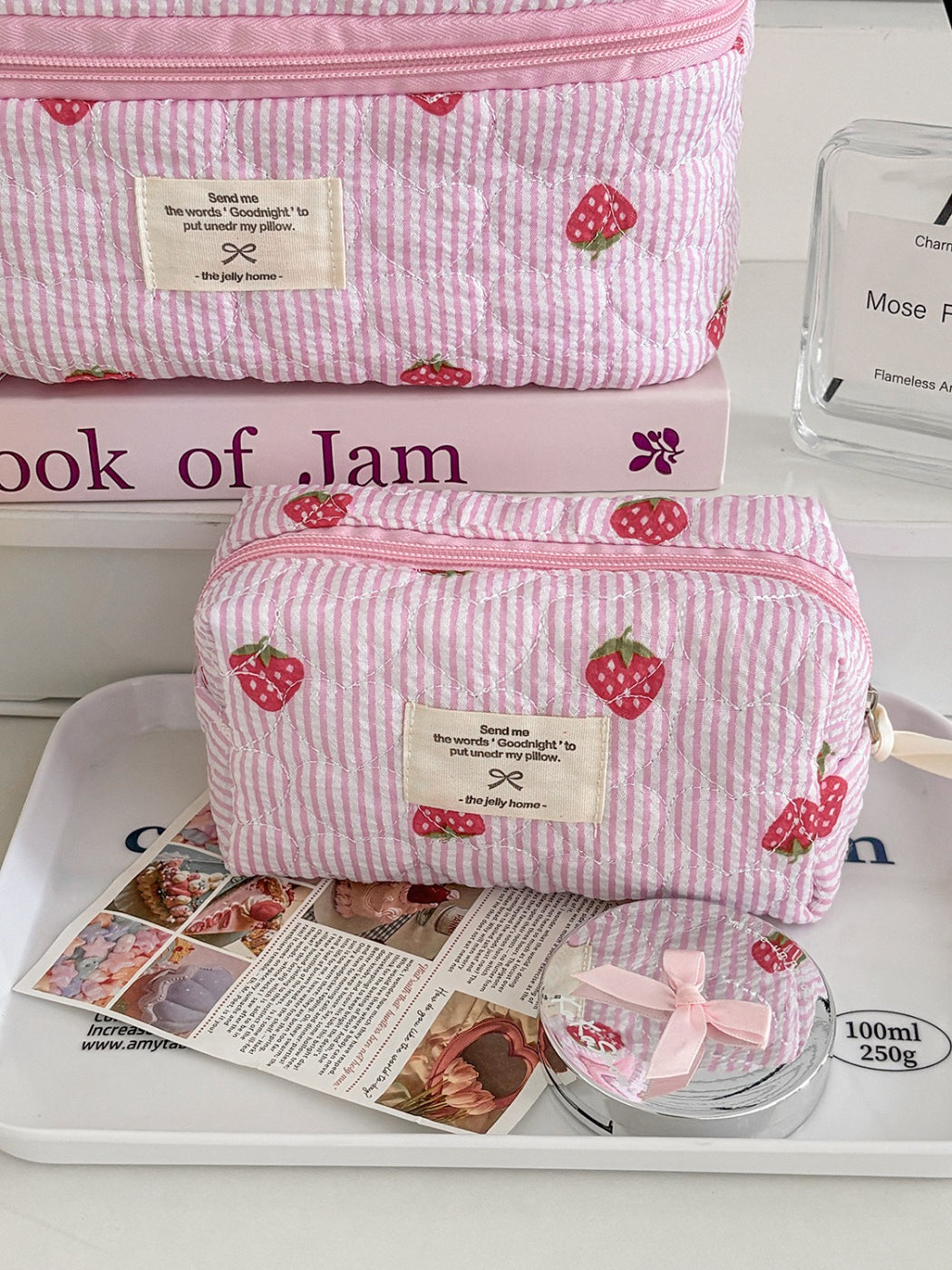 Cosbai Strawberry Stripe Quilted Travel Makeup Bag and handle detail