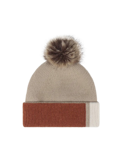 Haila - Colorblock Plush Lined Pom Knit Beanie