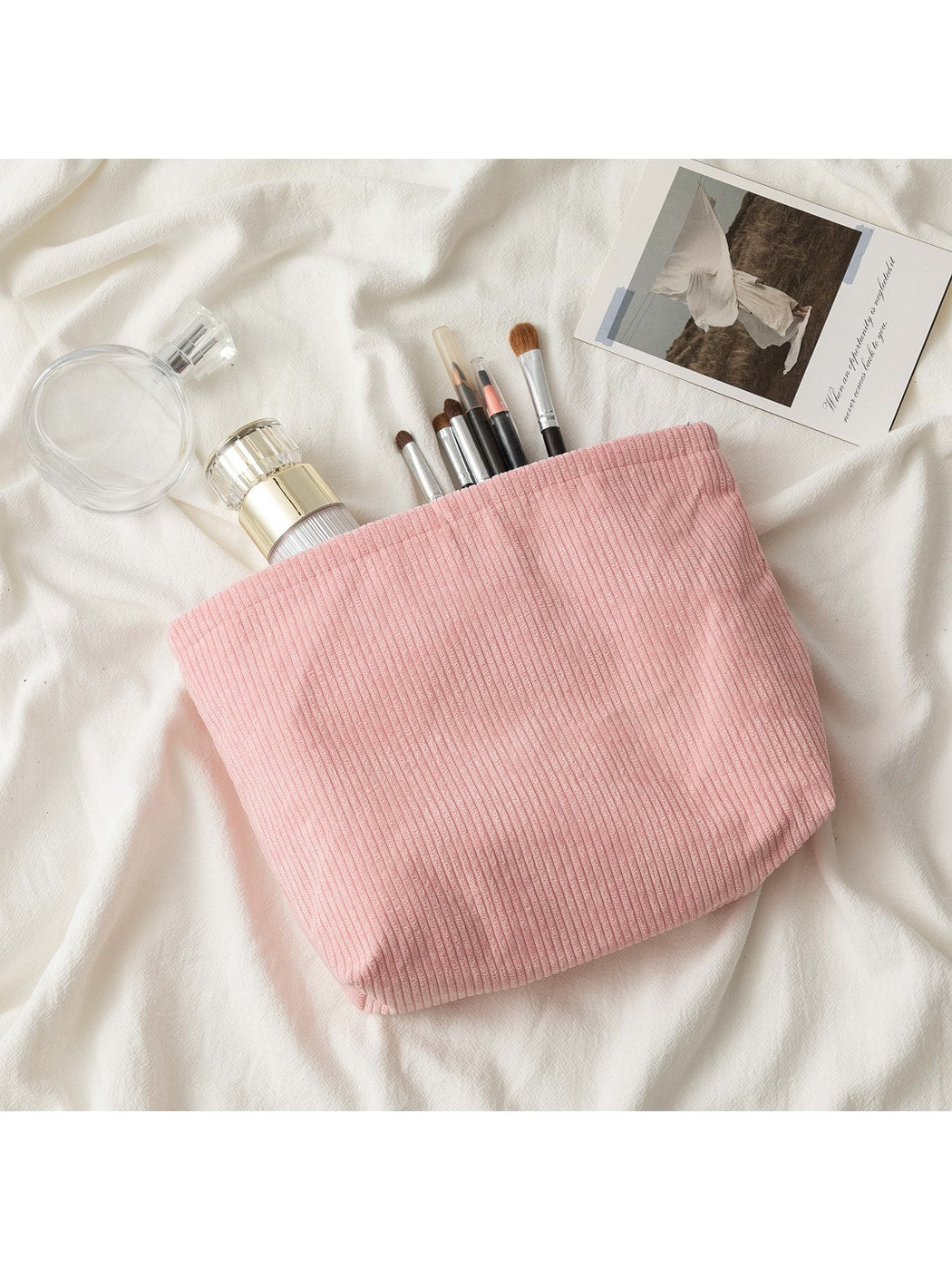 Cosbai - Minimalist Solid Color Ribbed Zip Pouch
