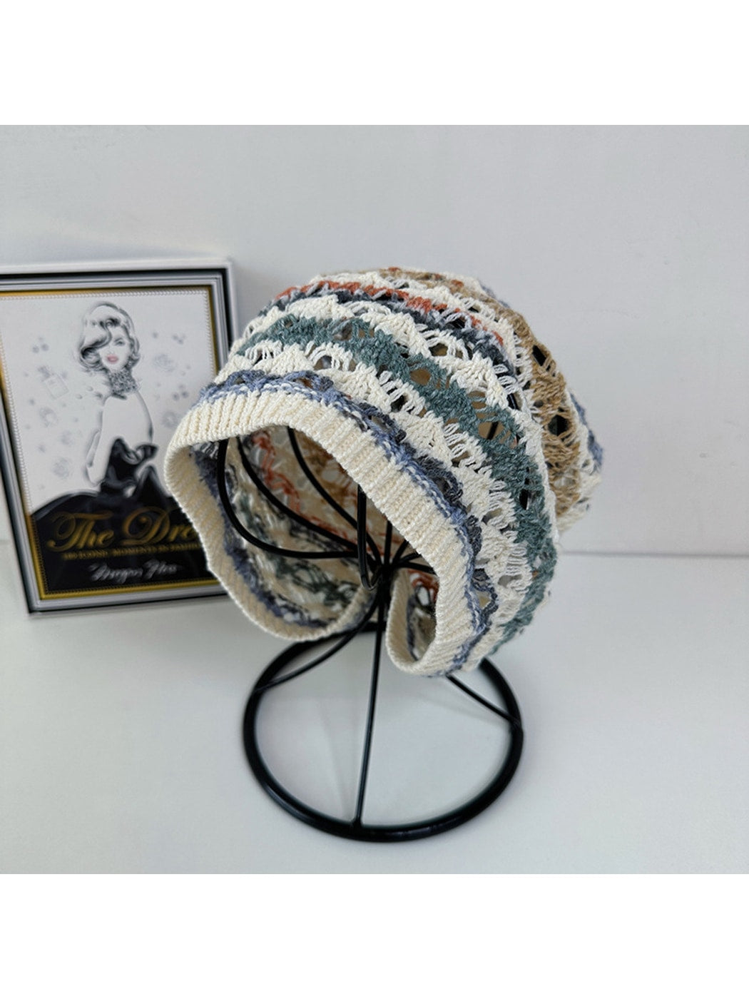 Haila - Retro Striped Cutout Knit Beanie