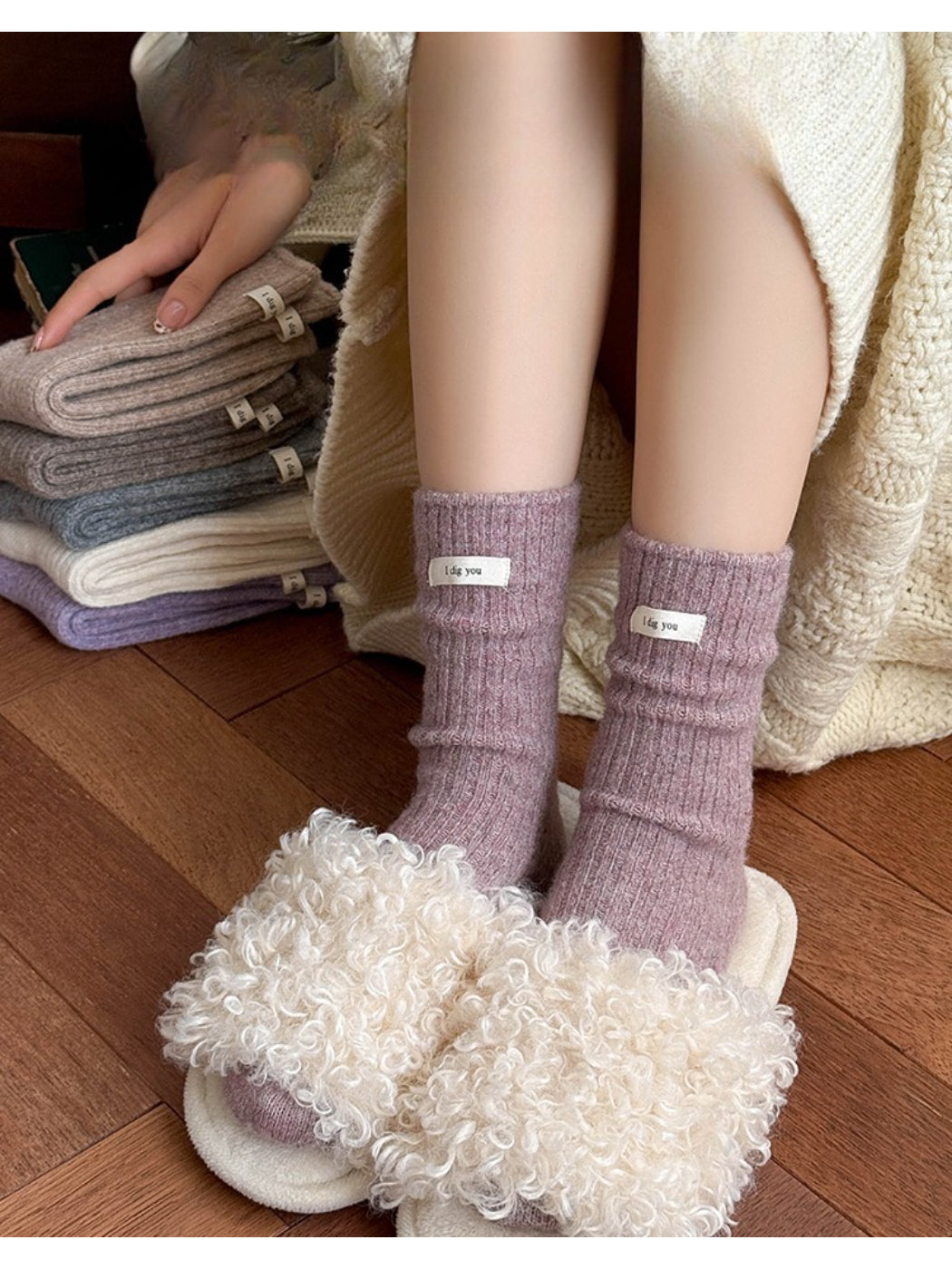 Rufia - Cozy Solid Rib Knit Crew Socks