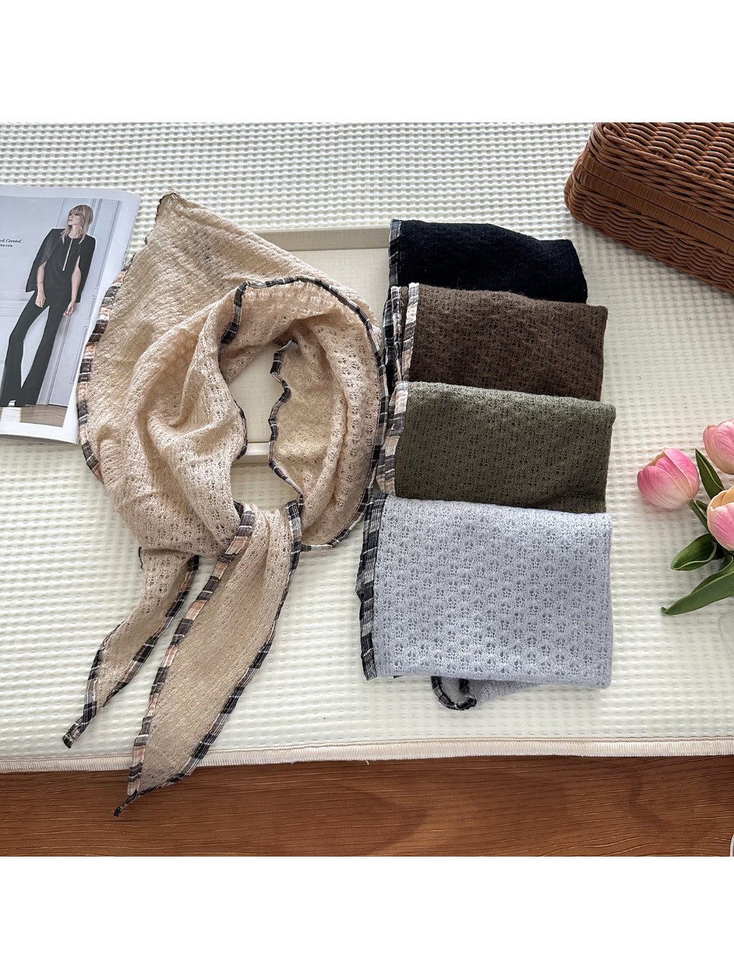 Scarvii - Open Knit Check Trim Triangle Scarf