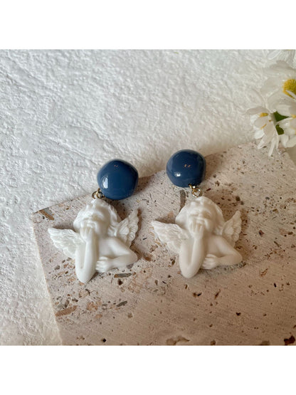 Earwish Angel Charm Drop Earrings with silver angel pendant on delicate chain