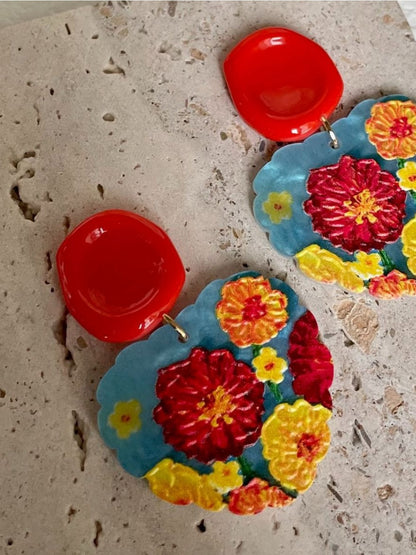Earwish - Vintage Orange and Red Flower Earrings