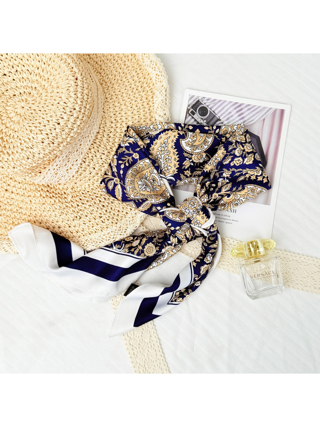 Scarvii printed paisley scarf laid flat showing full square shape and symmetrical pattern