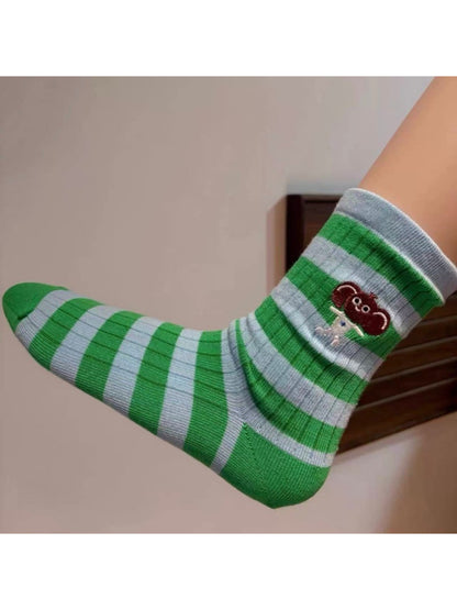 Rufia mesh stripe contrast crew socks arranged to emphasize mesh and stripe contrast