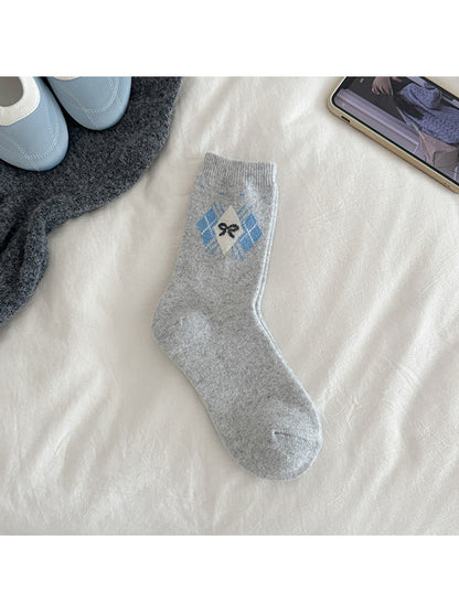 Rufia - Preppy Argyle Bow Pattern Crew Socks