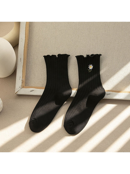Rufia - Ruffle Trim Flower Embroidery Crew Socks