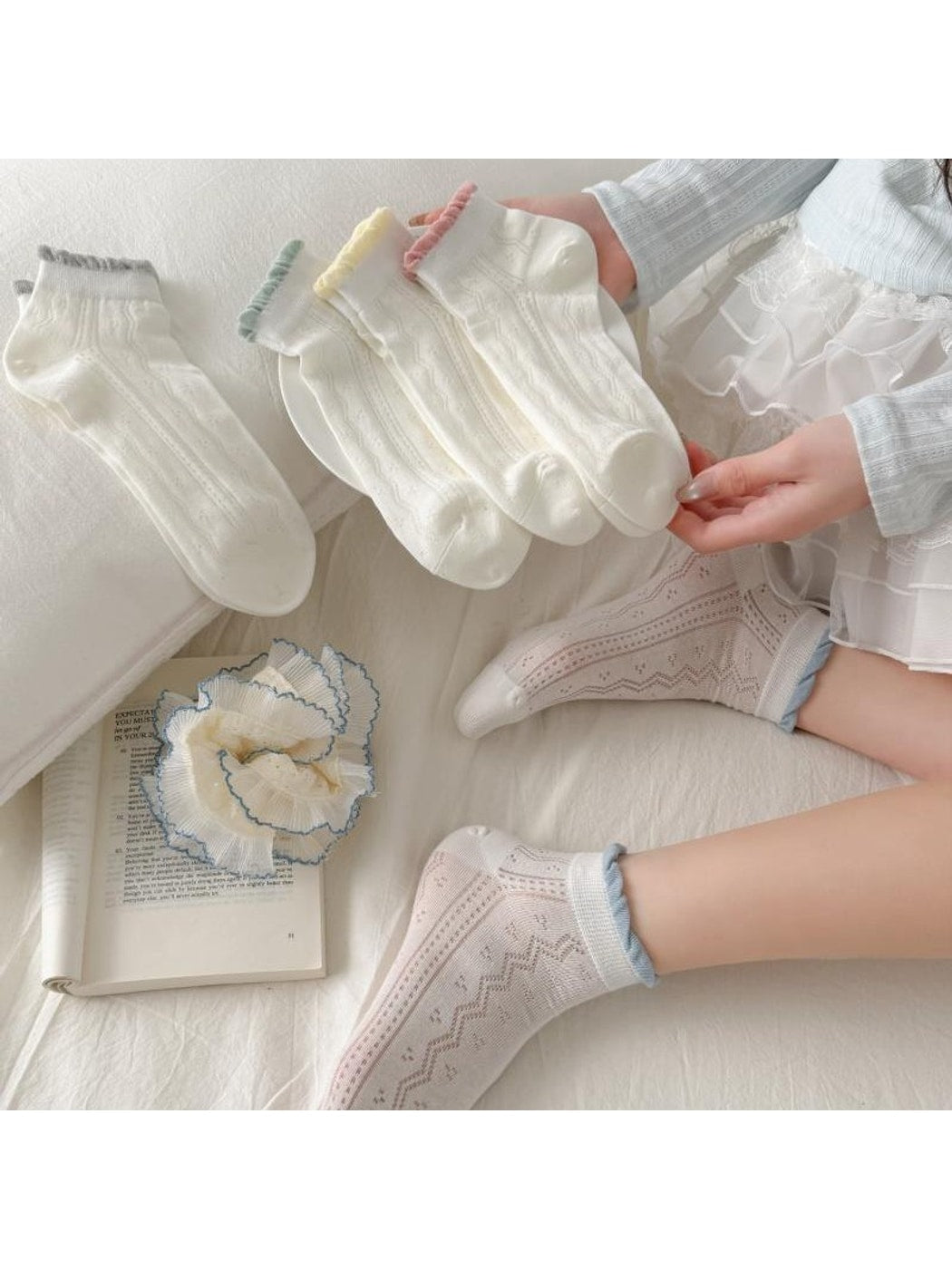 Rufia - White Tones Openwork Ruffle Ankle Socks