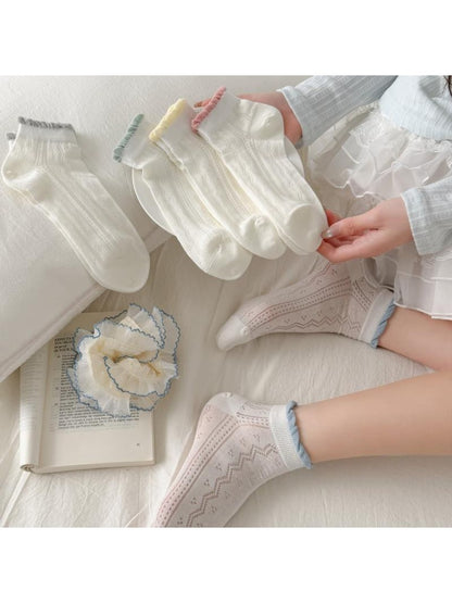 Rufia - White Tones Openwork Ruffle Ankle Socks