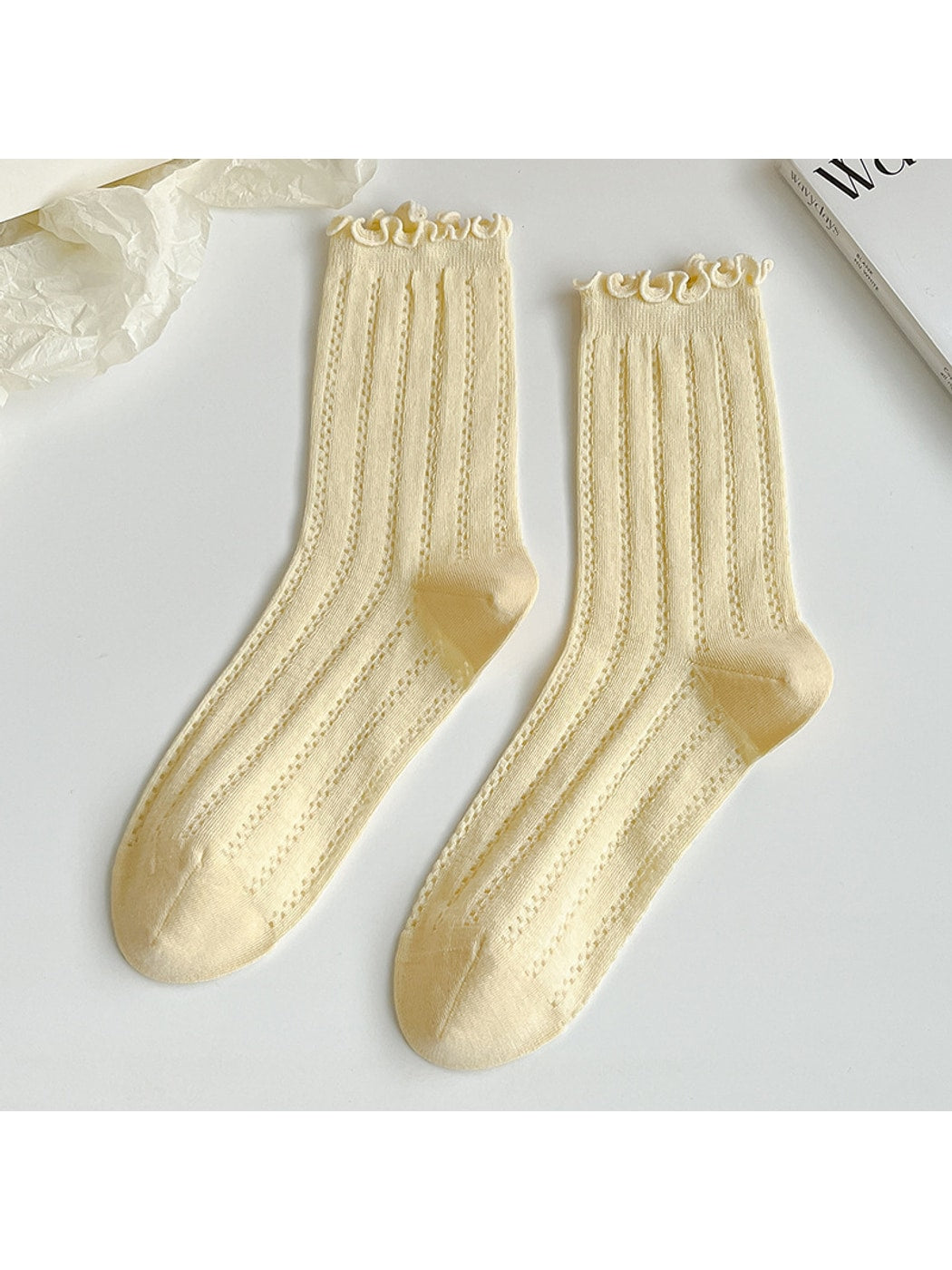 Rufia - Solid Color Openwork Ribbed Ruffle Cuff Crew Socks