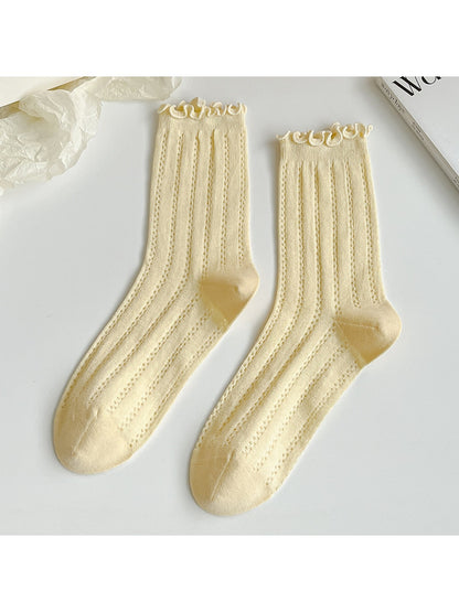 Rufia - Solid Color Openwork Ribbed Ruffle Cuff Crew Socks
