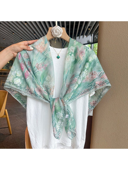 Scarvii - Fresh Light Green Floral Print Square Scarf