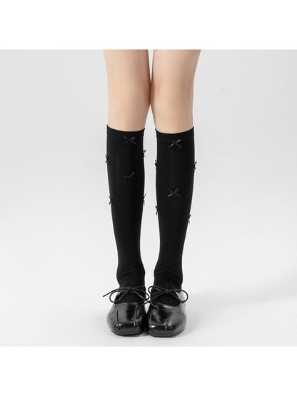 Rufia - Solid Color Bow Accent Knee-high Socks