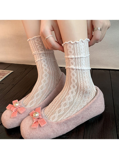 Rufia - Muted Cable Lace Ruffle Crew Socks