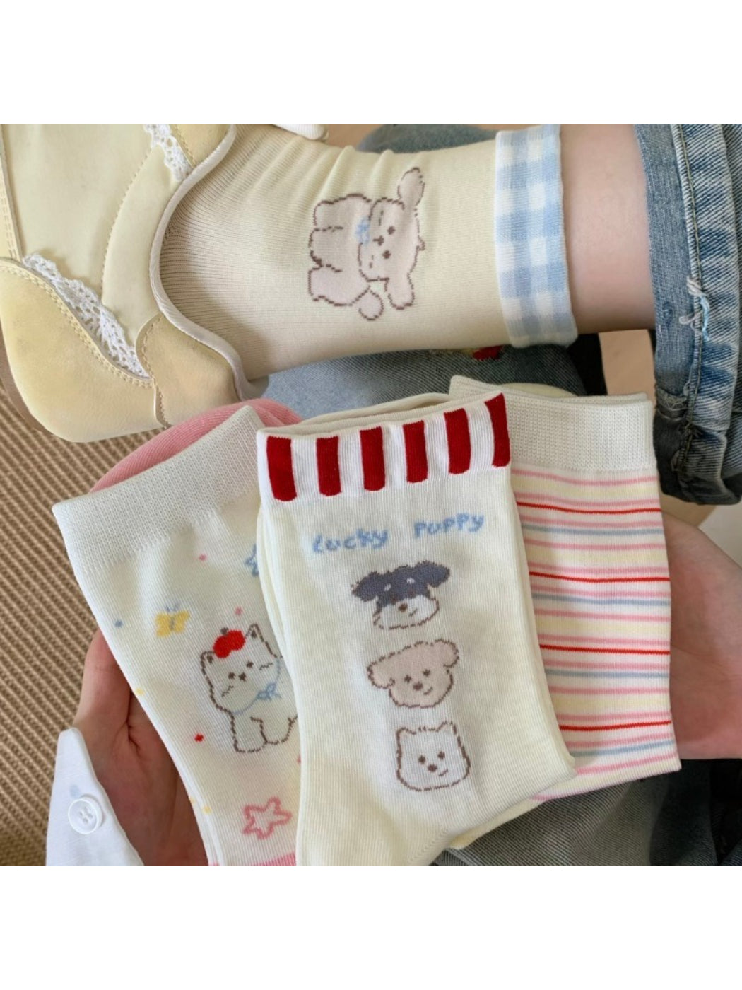 Rufia Dog Pastel Mid-Calf Socks folded showing pastel colors