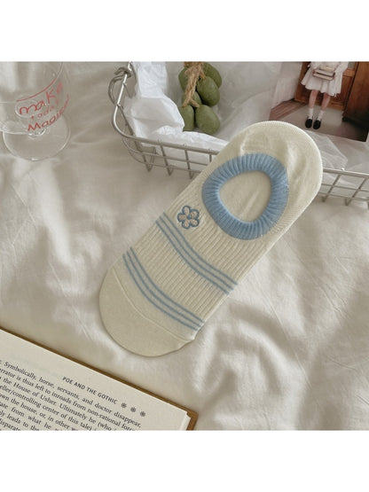 Rufia - Flower Embroidery Striped Low Ankle Socks