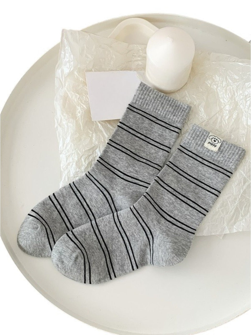 Rufia - Striped Puppy Mid-calf Socks - Cute & Stylish