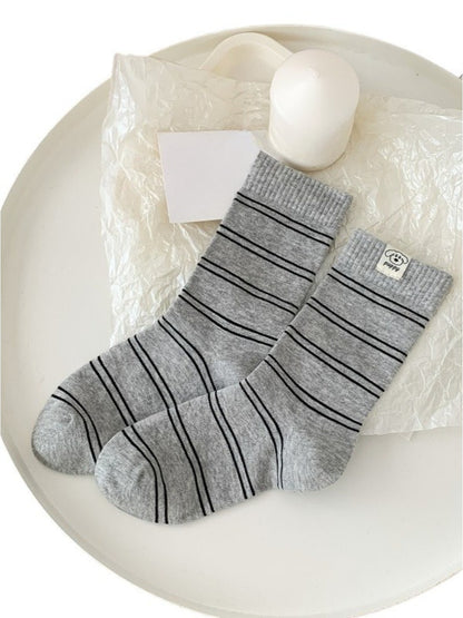 Rufia - Striped Puppy Mid-calf Socks - Cute & Stylish