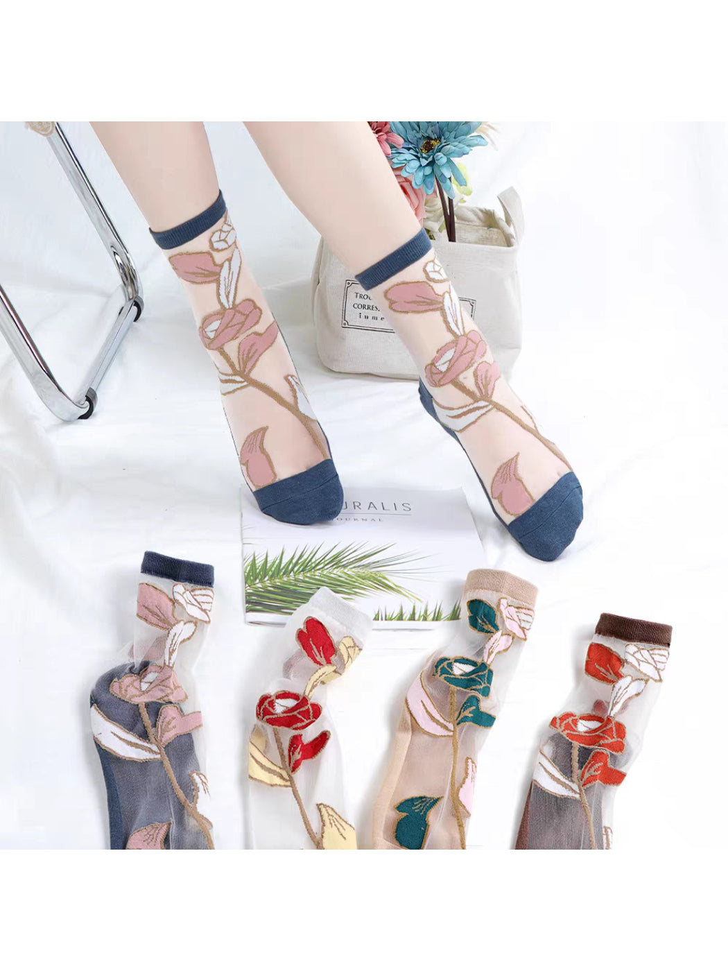 Rufia - Colorblock Sheer Floral Design Socks