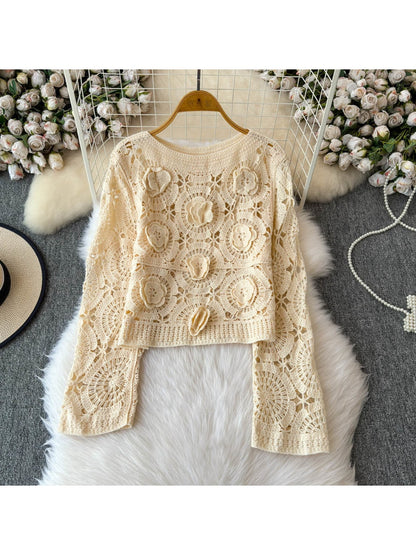 Crosa - Floral Hollow Out Round Neck Pullover