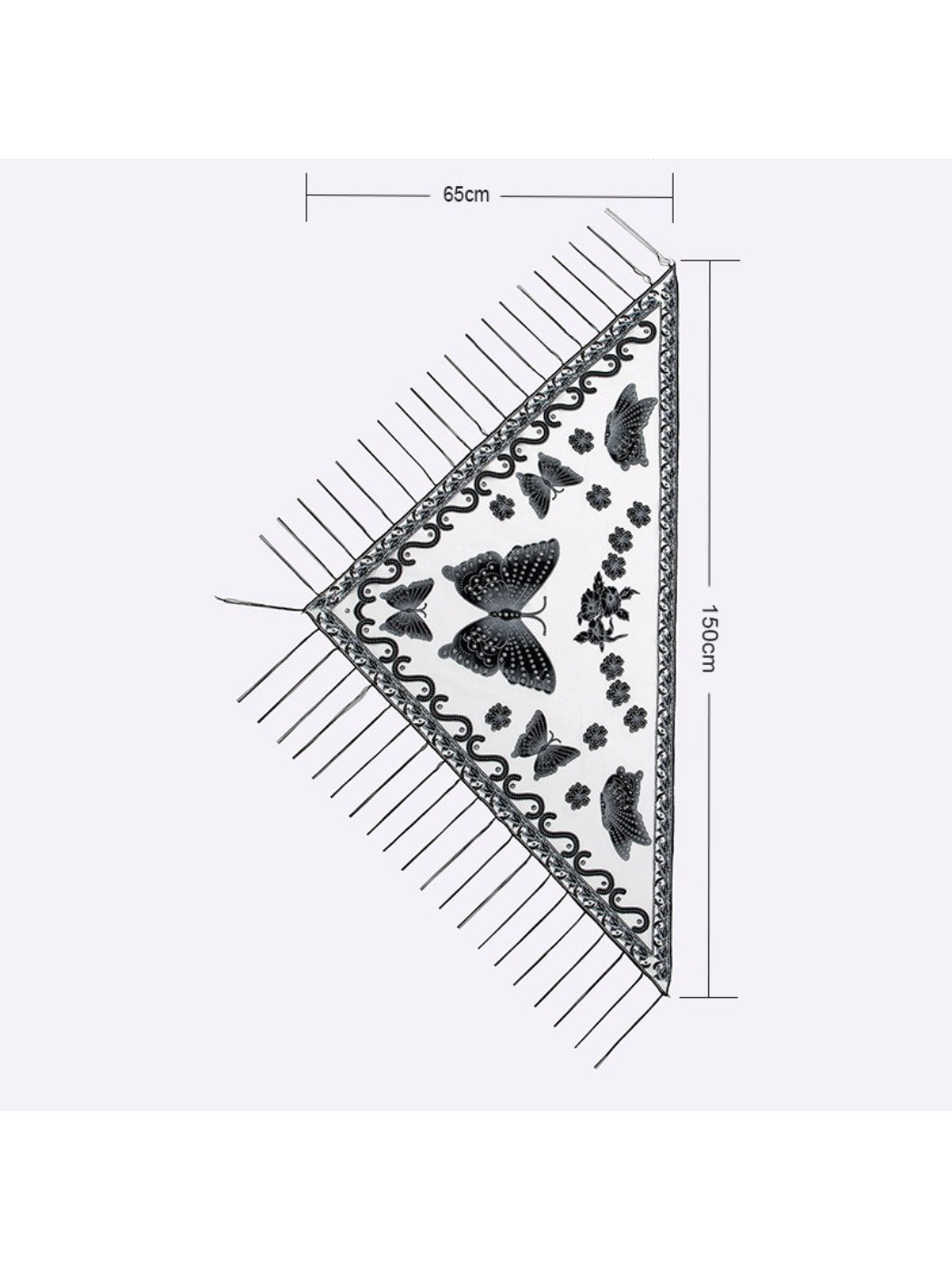 Close-up of Scarvii Butterfly Fringe Triangle Scarf fabric texture and butterfly print