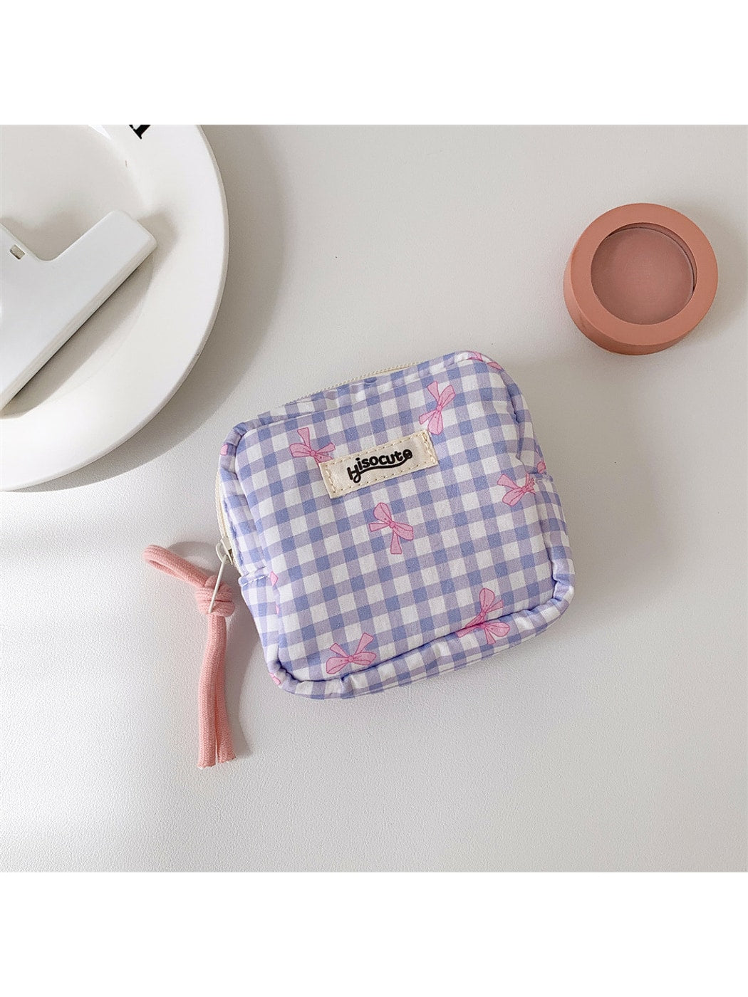 Cosbai - Small Plaid Makeup Pouch Square Bag