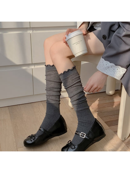 Rufia - Ribbed Knee High Socks with Scalloped Trim