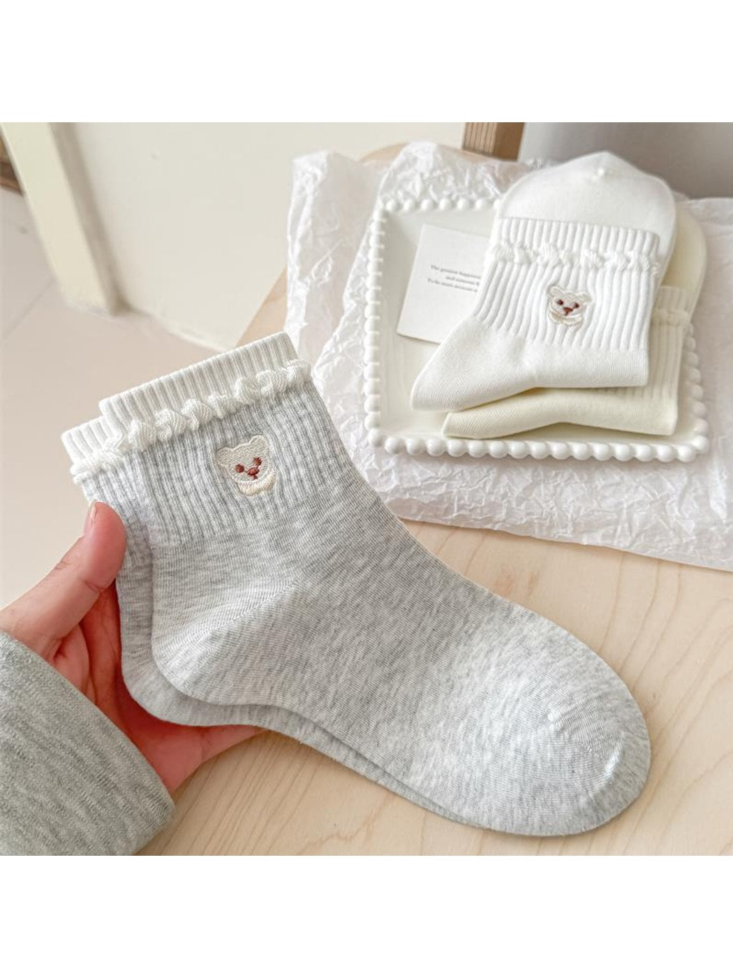 Rufia - Bear Embroidery Ribbed Ankle Socks