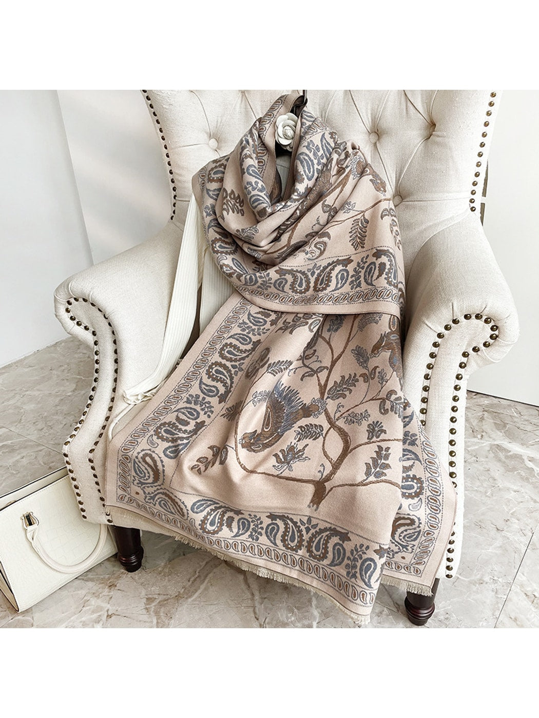 Scarvii - Printed Bird and Paisley Fringed Scarf