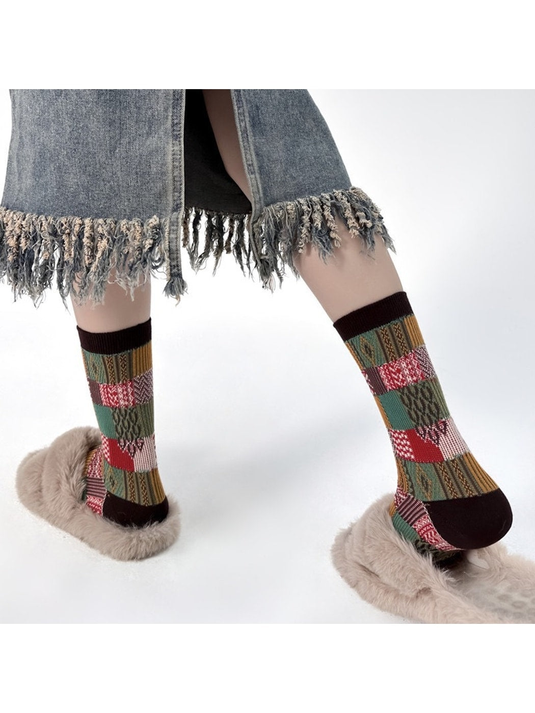 Rufia - Patchwork Plaid Pattern Casual Crew Socks