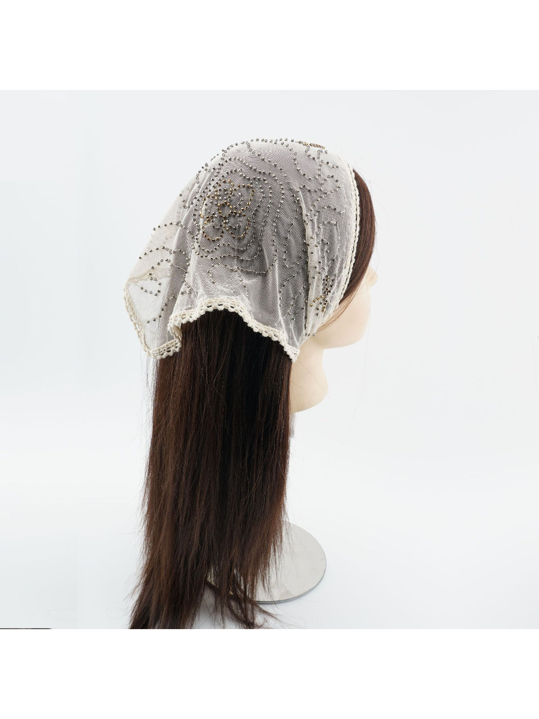 Scarvii - Studded Floral Lace Trim Bandana Scarf