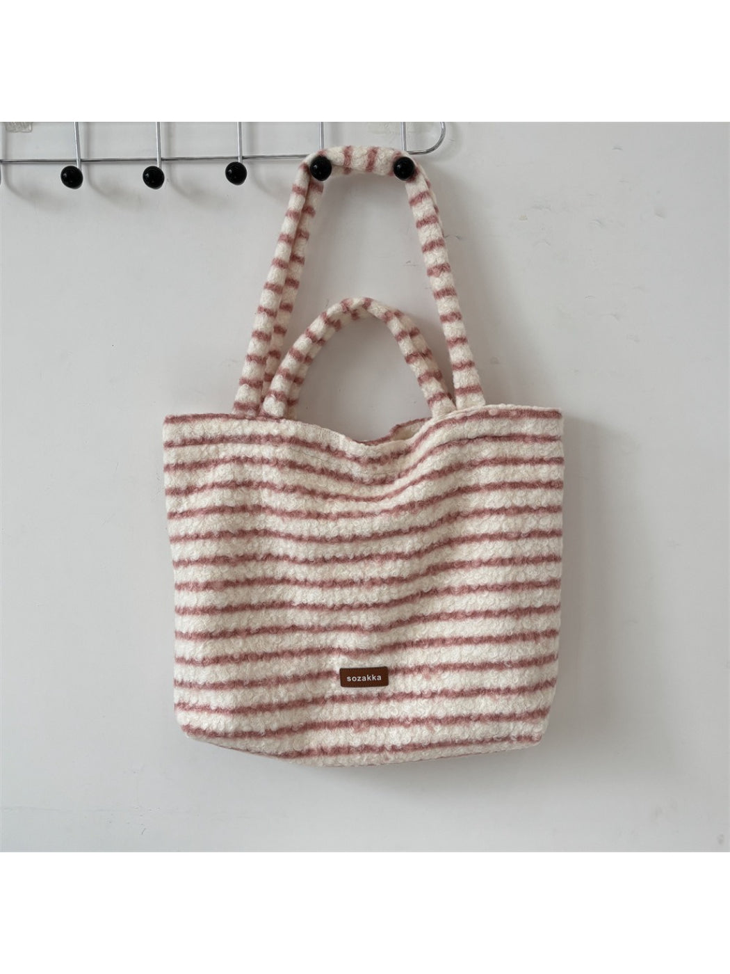 Cosbai - Soft Striped Fuzzy Shoulder Tote Bag