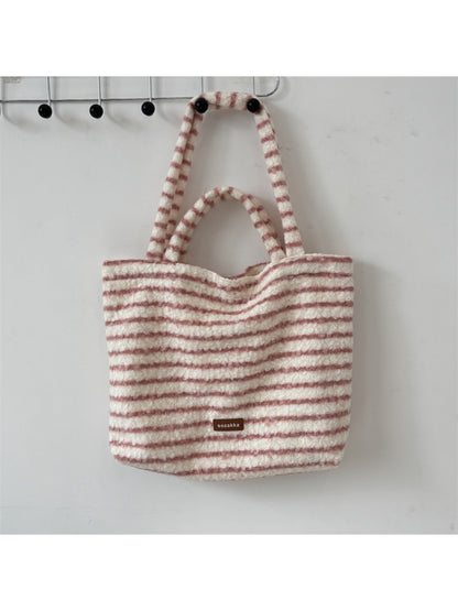 Cosbai - Soft Striped Fuzzy Shoulder Tote Bag