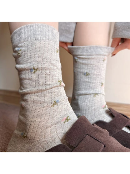 Rufia - Pointelle Slouch Crew Socks with Tiny Flowers