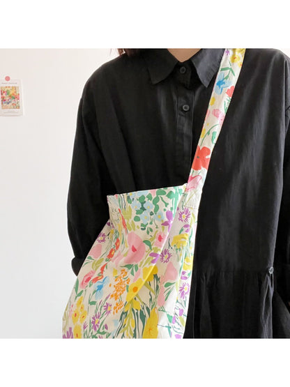 Side view of Cosbai Meadow Bloom Slouch Tote Bag showing slouchy shape